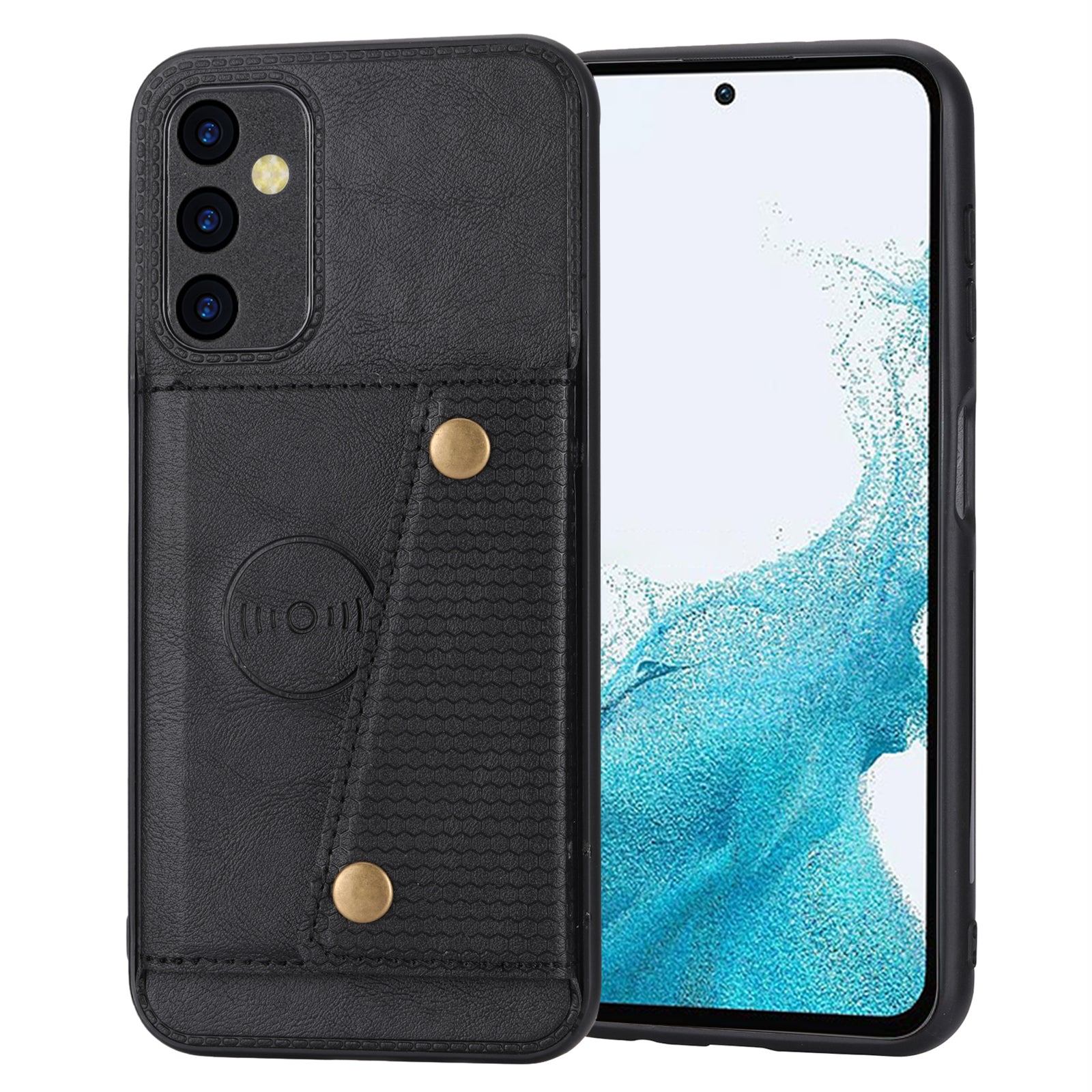 For Samsung Galaxy A54 5G Dual Button Card Slots Phone Case Kickstand Anti-drop PU Leather Coated TPU Cover with Built-in Metal Sheet