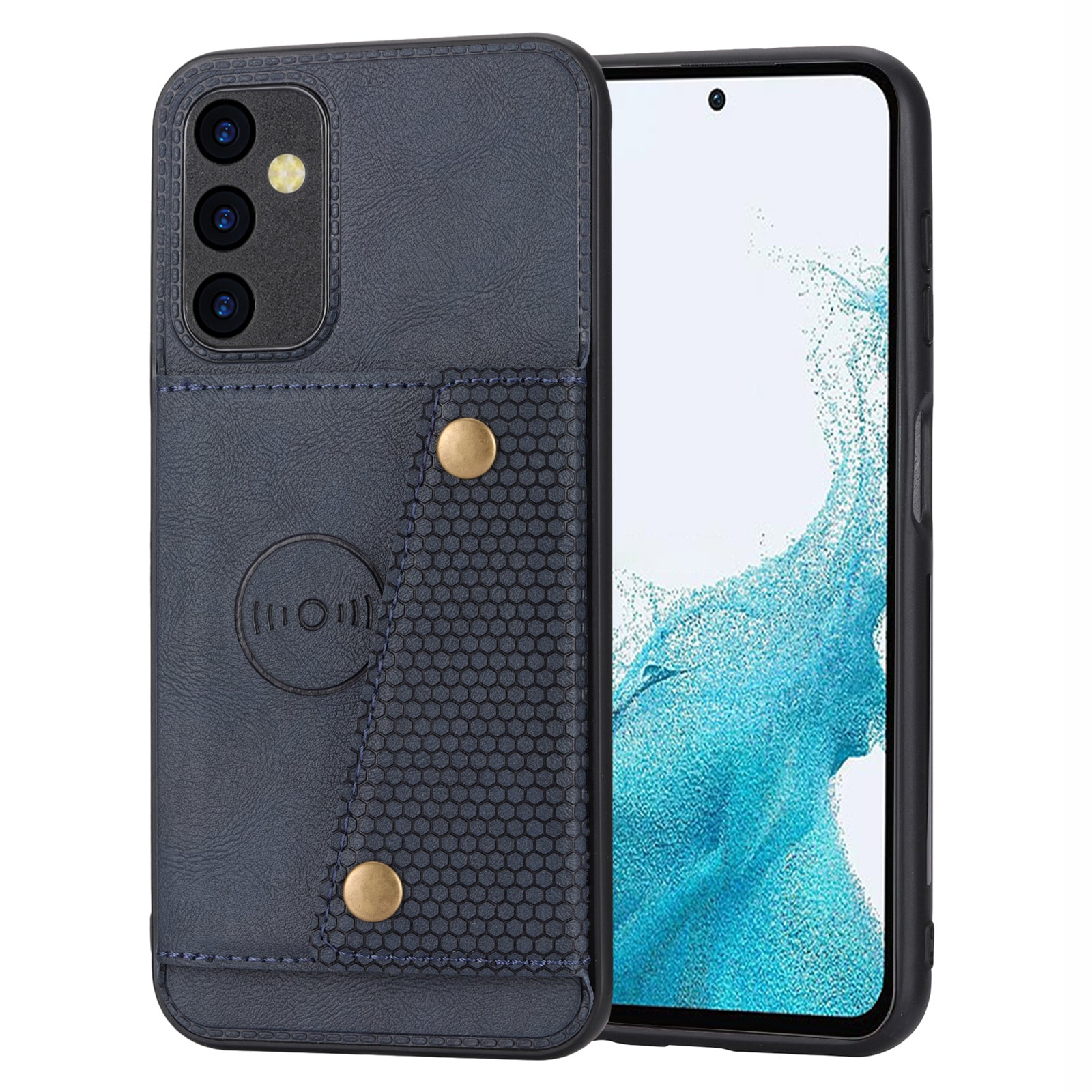 For Samsung Galaxy A54 5G Dual Button Card Slots Phone Case Kickstand Anti-drop PU Leather Coated TPU Cover with Built-in Metal Sheet