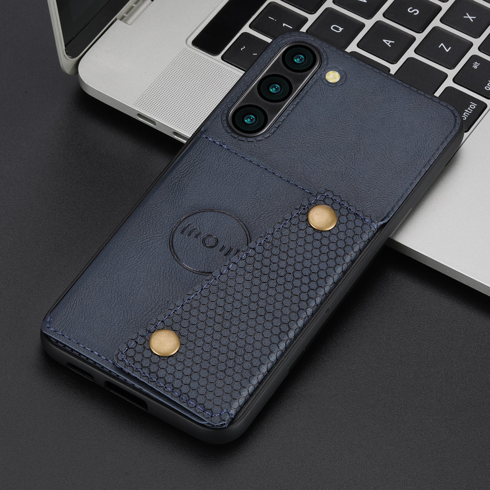 For Samsung Galaxy S23 Dual Button Card Holder PU Leather Coated TPU Kickstand Case with Car Mount Metal Sheet