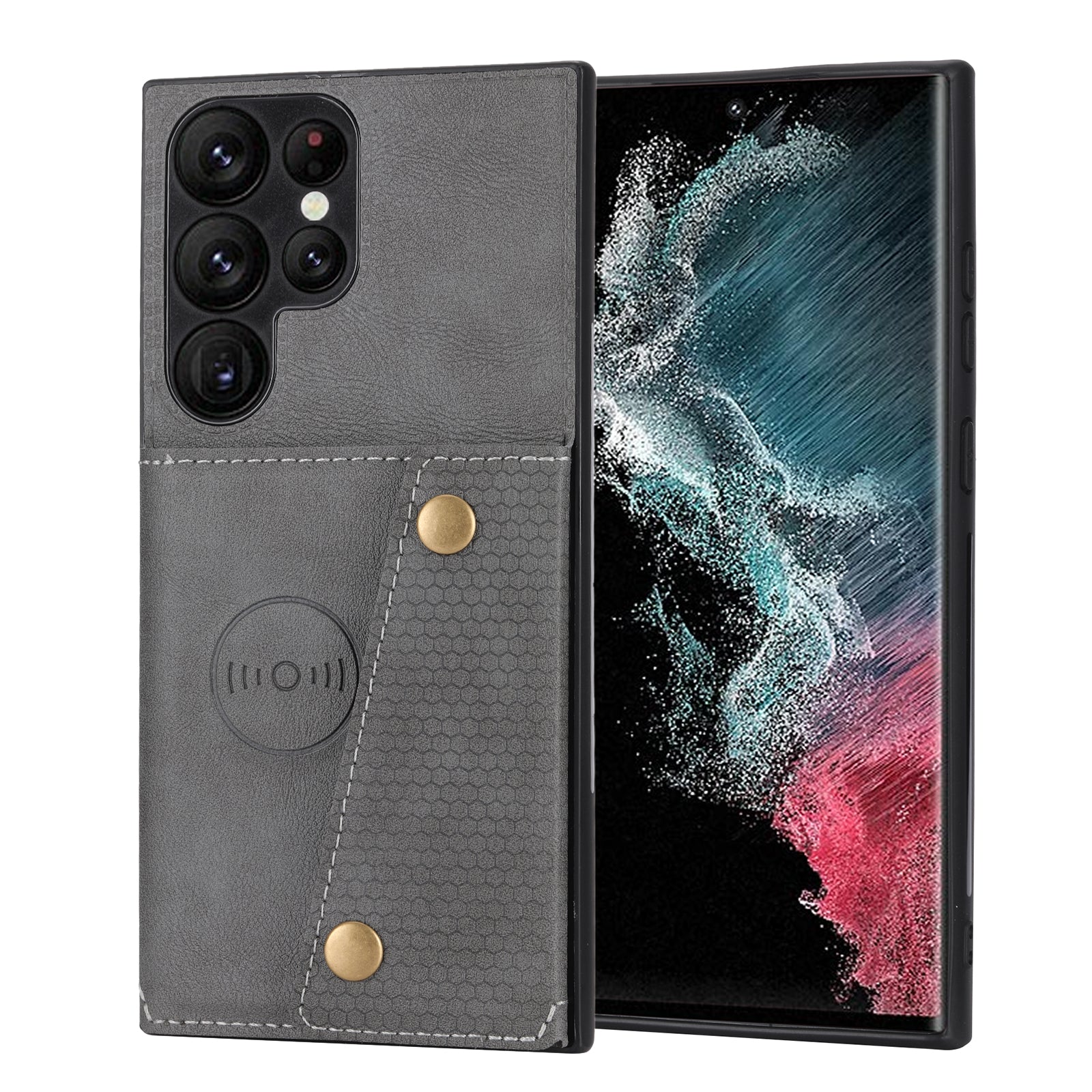 For Samsung Galaxy S23 Ultra PU Leather Coated TPU Back Case Card Slots Kickstand Phone Shockproof Cover with Built-in Metal Sheet