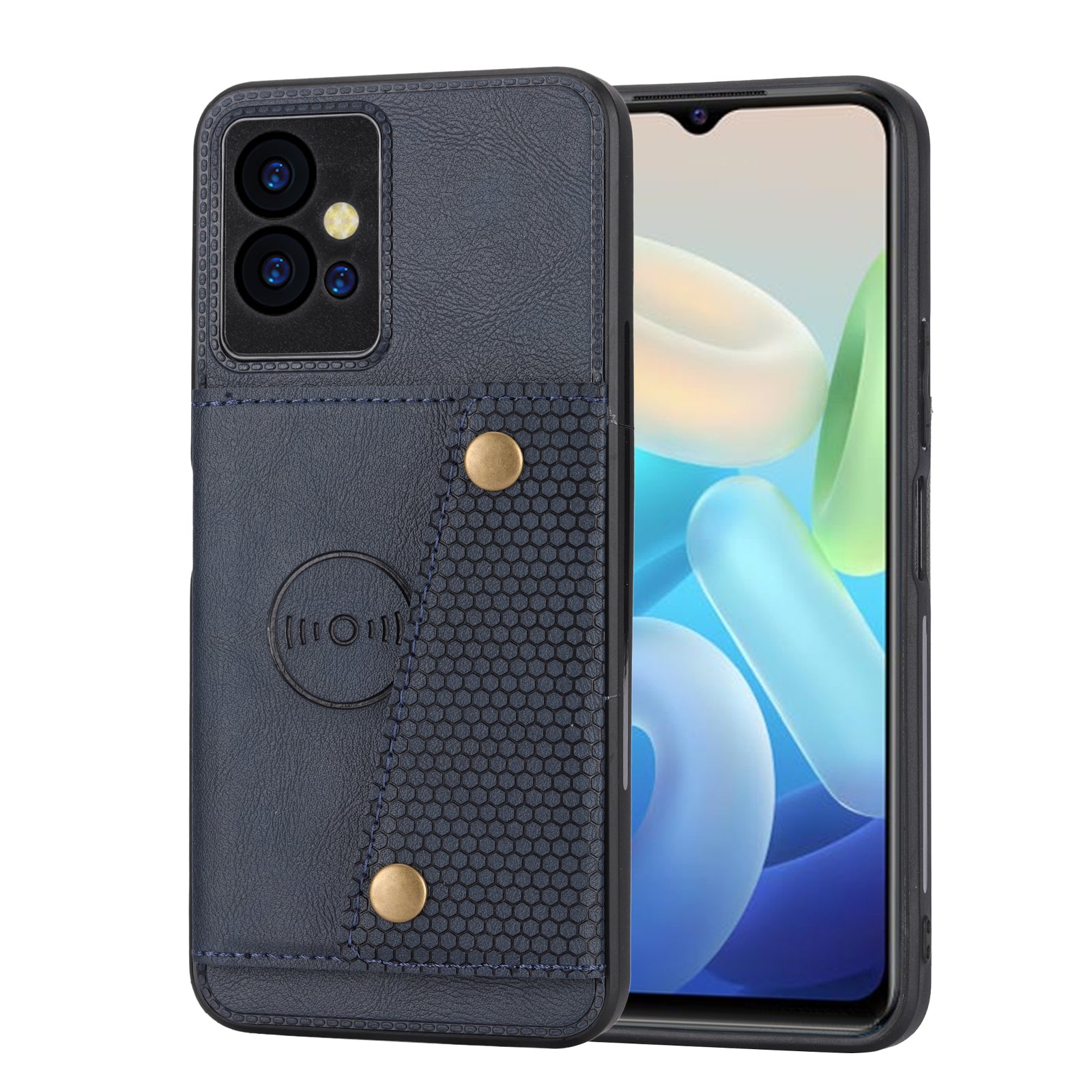 For vivo Y75 5G Dual Button Card Slots Phone Drop-proof Cover Kickstand PU Leather Coated TPU Case with Built-in Metal Sheet