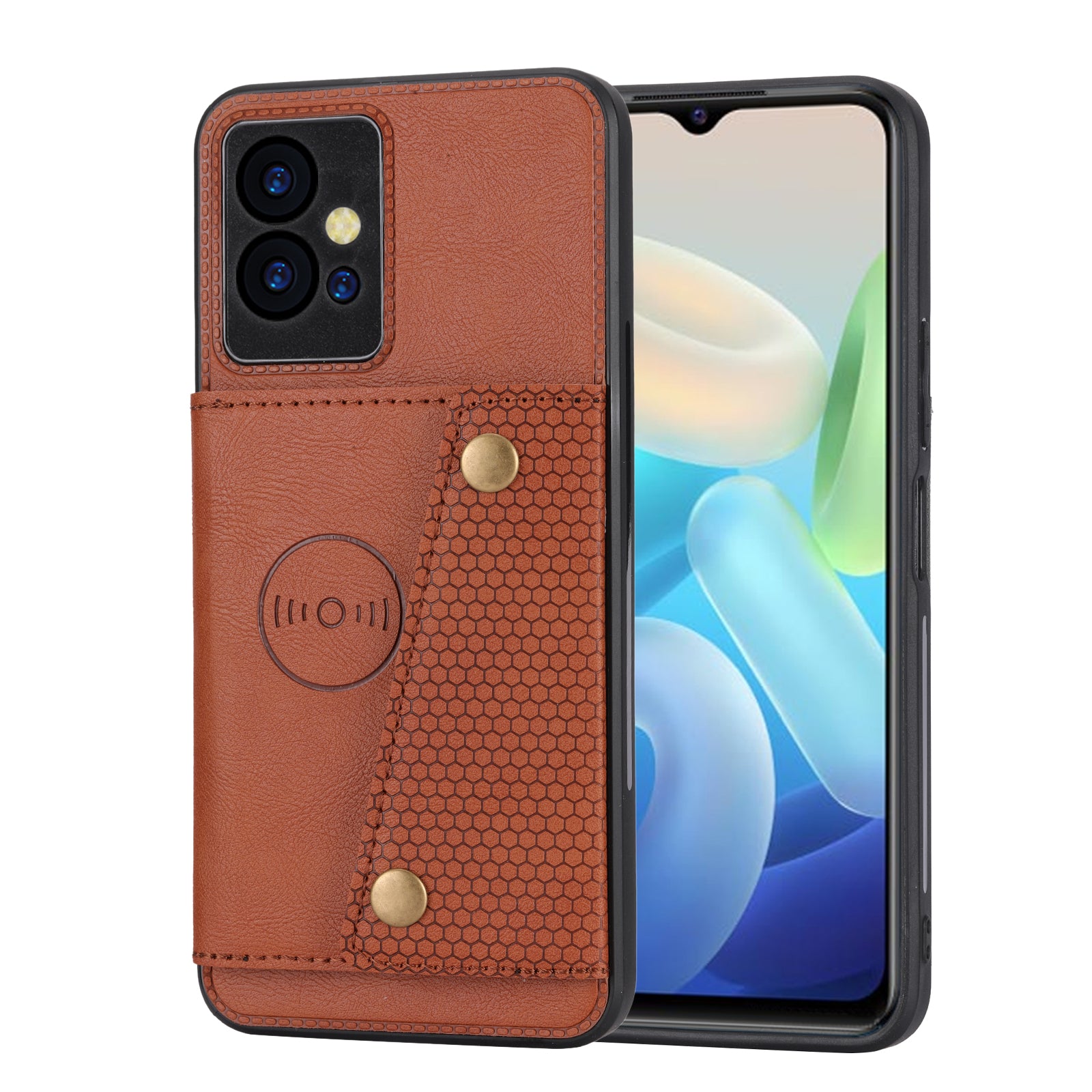 For vivo Y75 5G Dual Button Card Slots Phone Drop-proof Cover Kickstand PU Leather Coated TPU Case with Built-in Metal Sheet
