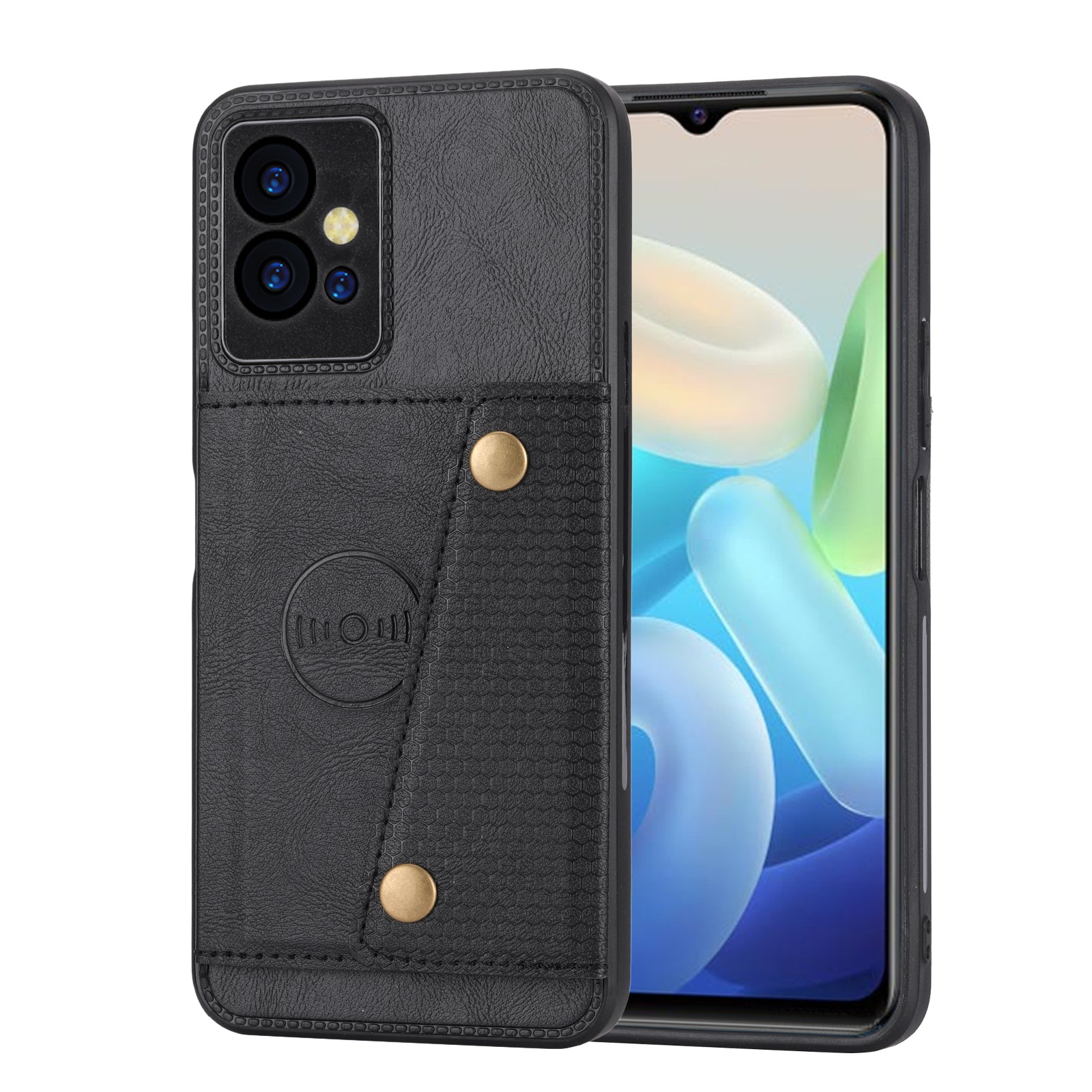 For vivo Y75 5G Dual Button Card Slots Phone Drop-proof Cover Kickstand PU Leather Coated TPU Case with Built-in Metal Sheet