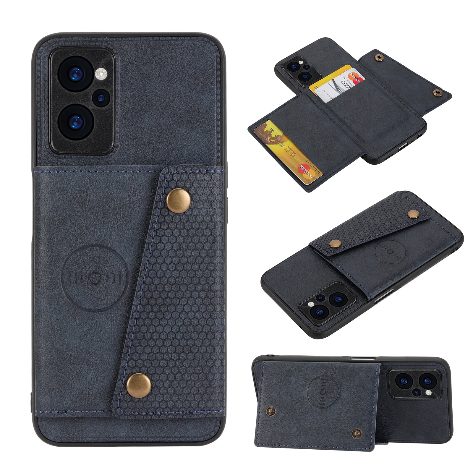 Til Realme 10 5G 9i 5G Kortholder med dobbelt knap Beskyttelsescover Kickstand Design PU-læderbelagt TPU-bagkasse med indbygget metalplade