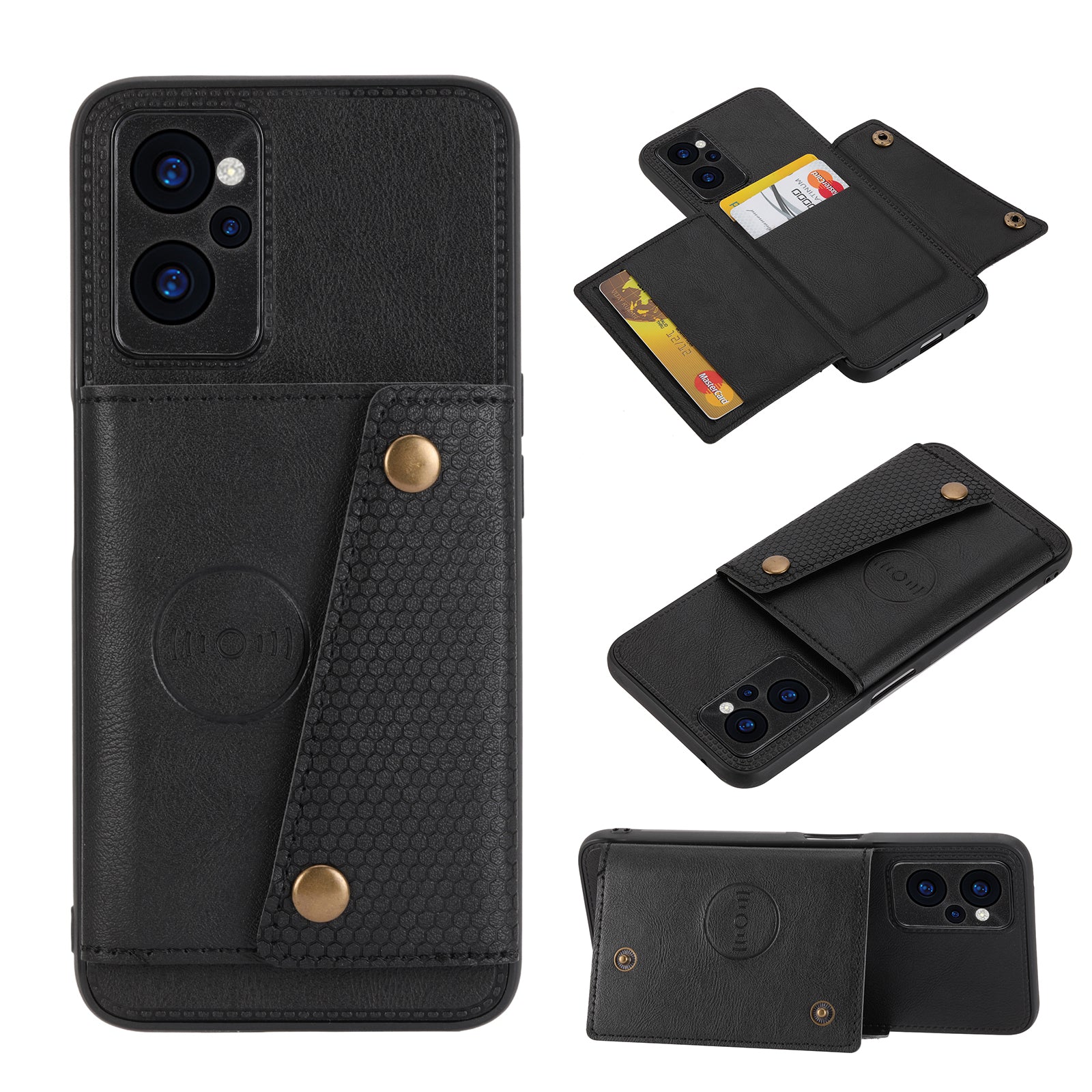 Til Realme 10 5G 9i 5G Kortholder med dobbelt knap Beskyttelsescover Kickstand Design PU-læderbelagt TPU-bagkasse med indbygget metalplade