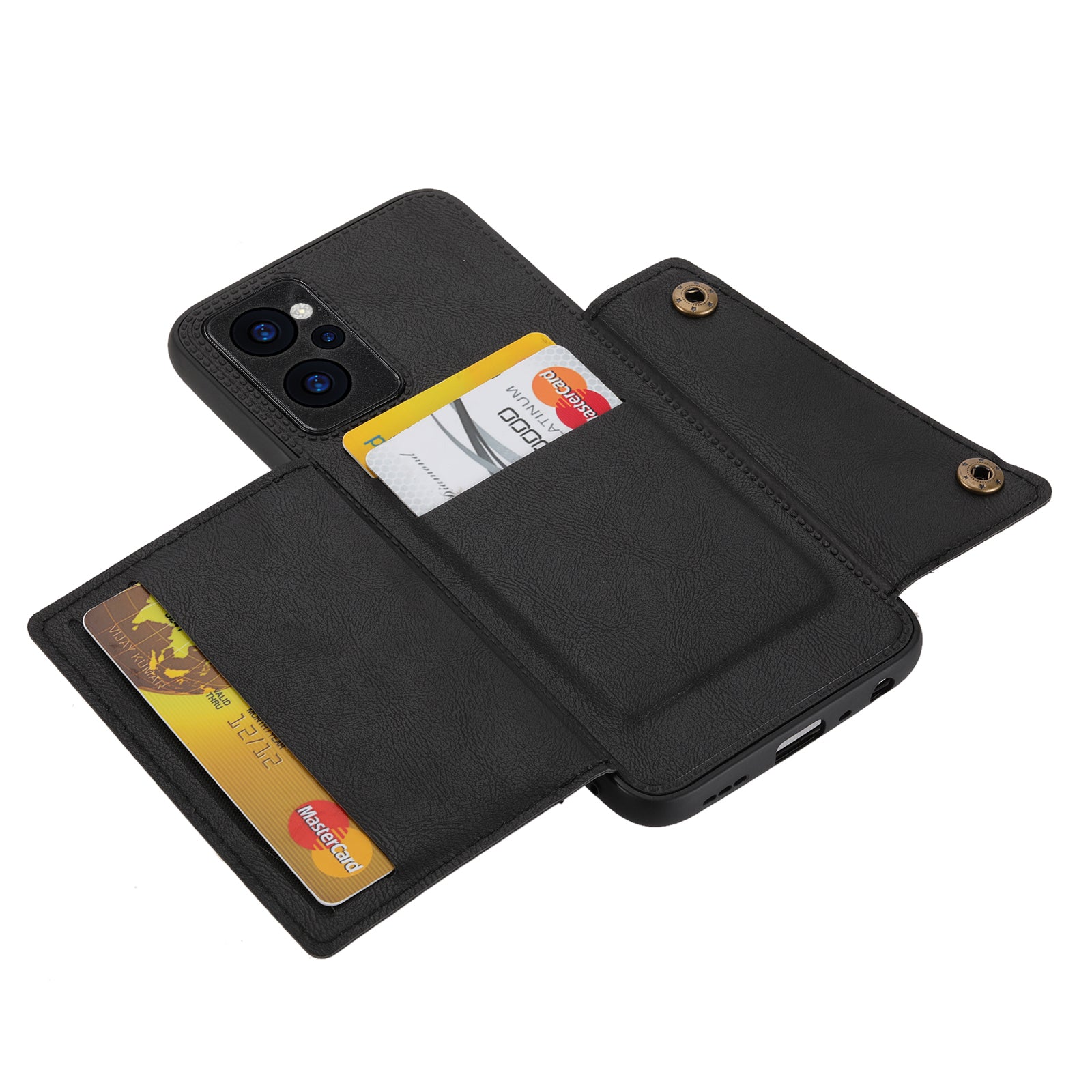 Til Realme 10 5G 9i 5G Kortholder med dobbelt knap Beskyttelsescover Kickstand Design PU-læderbelagt TPU-bagkasse med indbygget metalplade