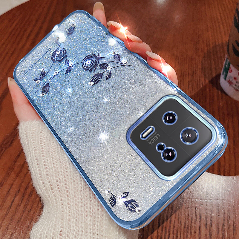 For Xiaomi 13 5G Flexible TPU Protective Cover Glitter Powder Flower Pattern Rhinestone Decor Smartphone Case