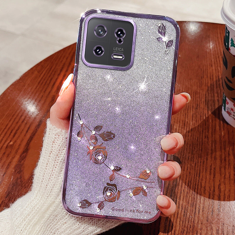 For Xiaomi 13 5G Flexible TPU Protective Cover Glitter Powder Flower Pattern Rhinestone Decor Smartphone Case