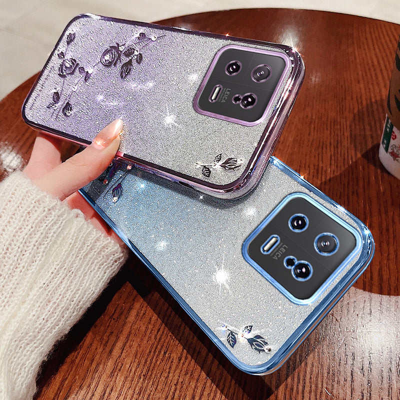 For Xiaomi 13 5G Flexible TPU Protective Cover Glitter Powder Flower Pattern Rhinestone Decor Smartphone Case