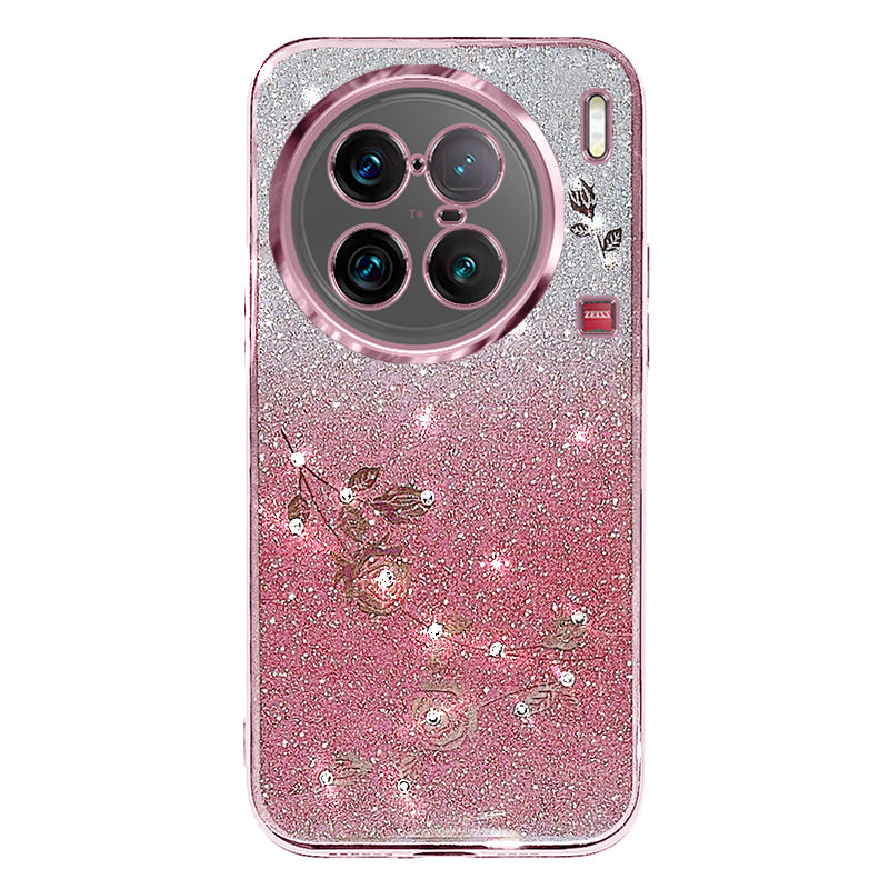 For vivo X90 Pro 5G Rhinestone Decor Flower Pattern Soft TPU Protective Cover Glitter Powder Drop-proof Case