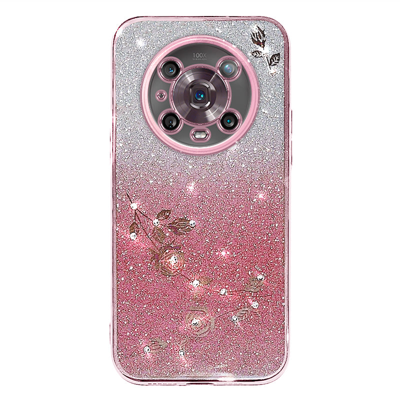 For Honor Magic4 Pro 5G Gradient Glitter Powder Soft TPU Anti-drop Cover Rhinestone Decor Flower Pattern Protective Case