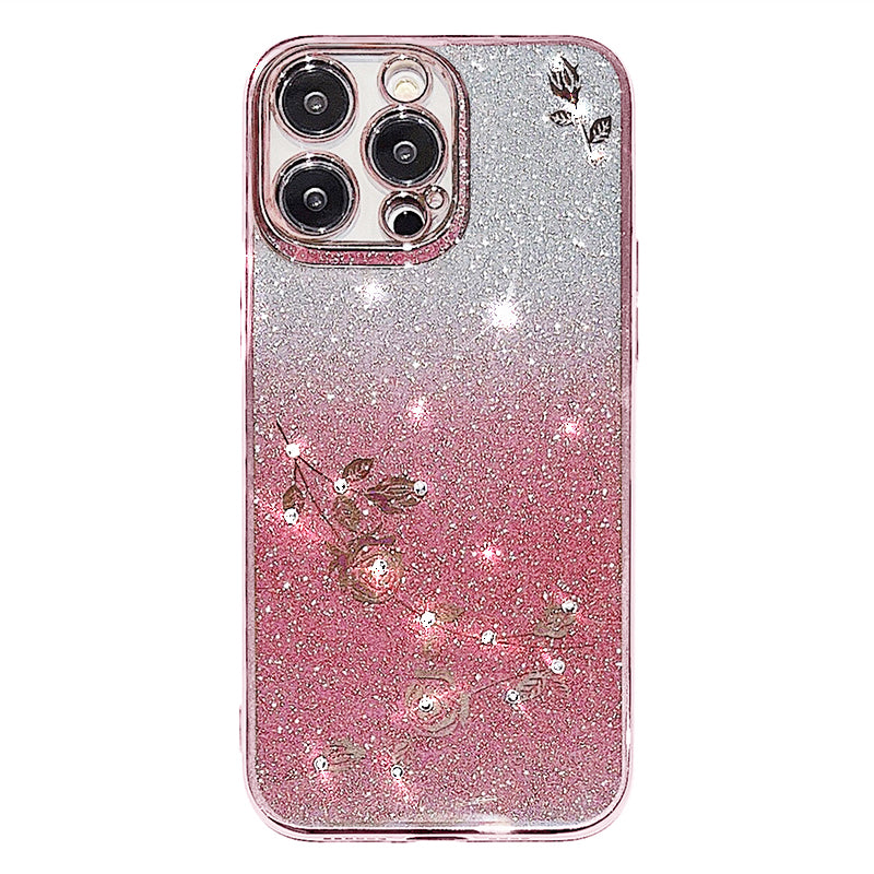 For iPhone 14 Pro Max Gradient Glitter Powder Soft TPU Shockproof Cover Rhinestone Decor Flower Pattern Anti-drop Case