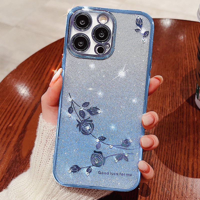For iPhone 14 Pro Max Gradient Glitter Powder Soft TPU Shockproof Cover Rhinestone Decor Flower Pattern Anti-drop Case