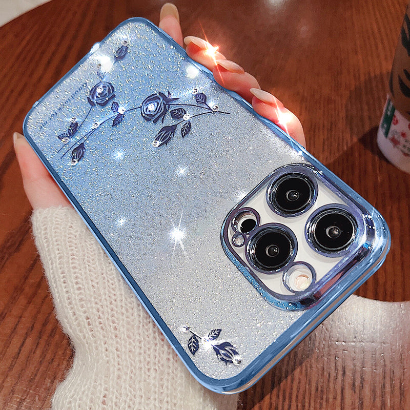 For iPhone 14 Pro Max Gradient Glitter Powder Soft TPU Shockproof Cover Rhinestone Decor Flower Pattern Anti-drop Case