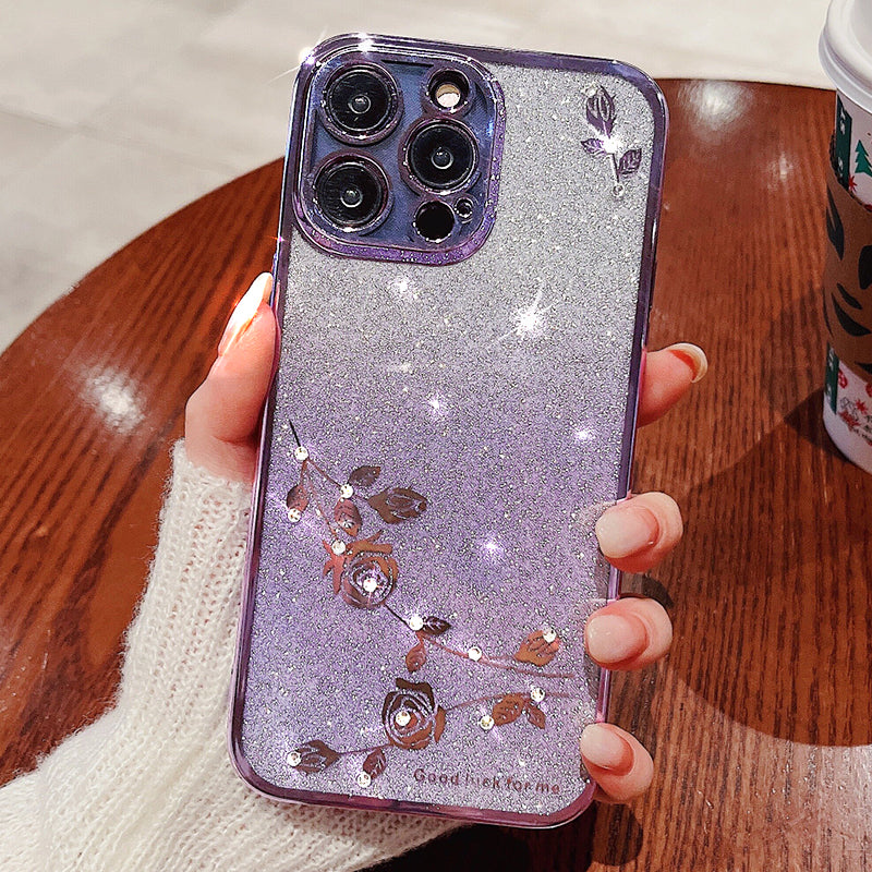For iPhone 14 Pro Max Gradient Glitter Powder Soft TPU Shockproof Cover Rhinestone Decor Flower Pattern Anti-drop Case