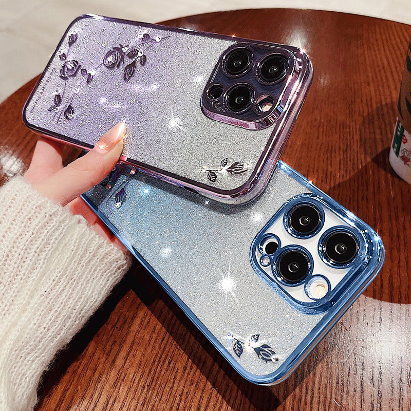 For iPhone 14 Pro Max Gradient Glitter Powder Soft TPU Shockproof Cover Rhinestone Decor Flower Pattern Anti-drop Case