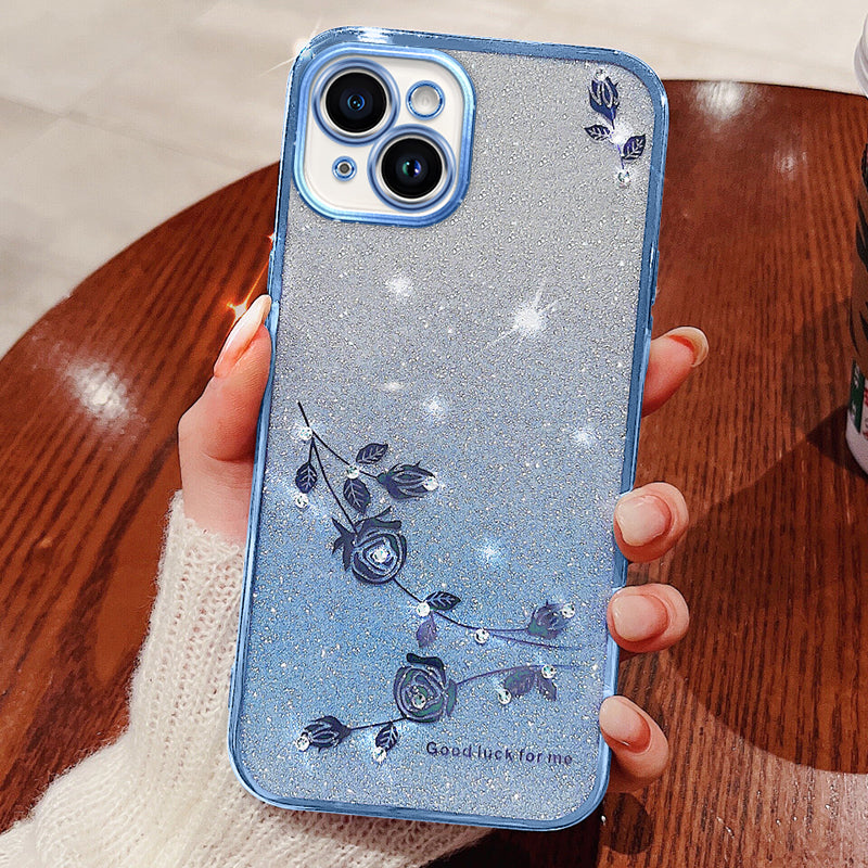 For iPhone 14 Gradient Glitter Powder Flexible TPU Back Cover Rhinestone Decor Flower Design Drop-proof Case