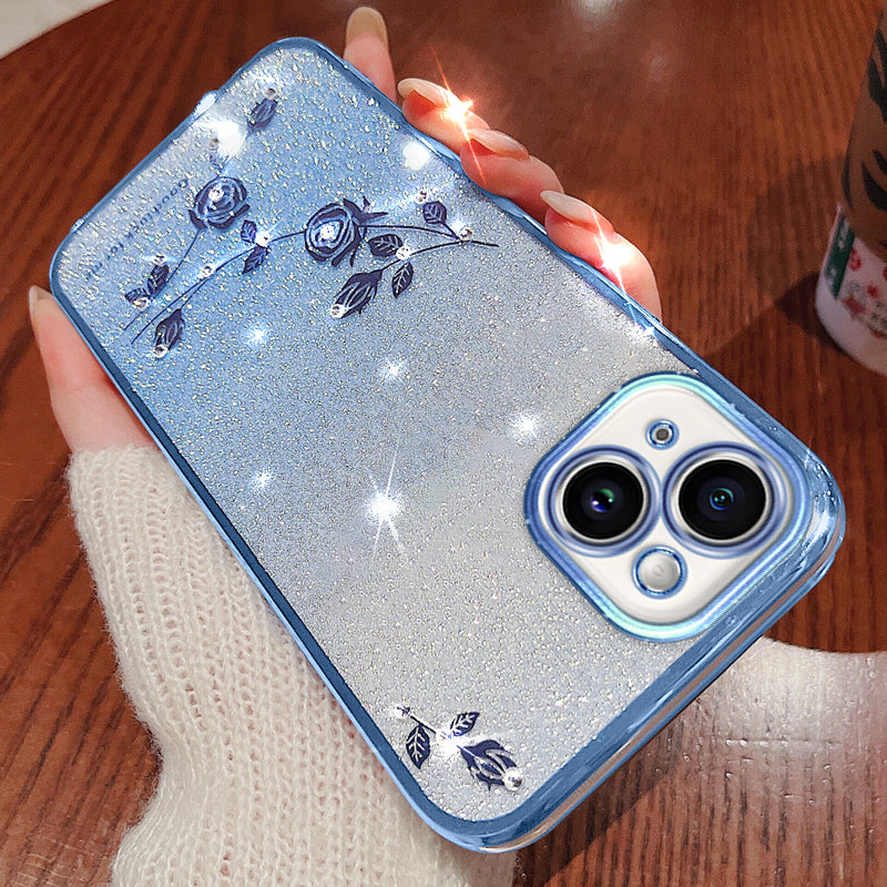 For iPhone 13 6.1 inch Rhinestone Decor Flower Pattern Anti-drop Back Case Gradient Glitter Powder TPU Protective Cover
