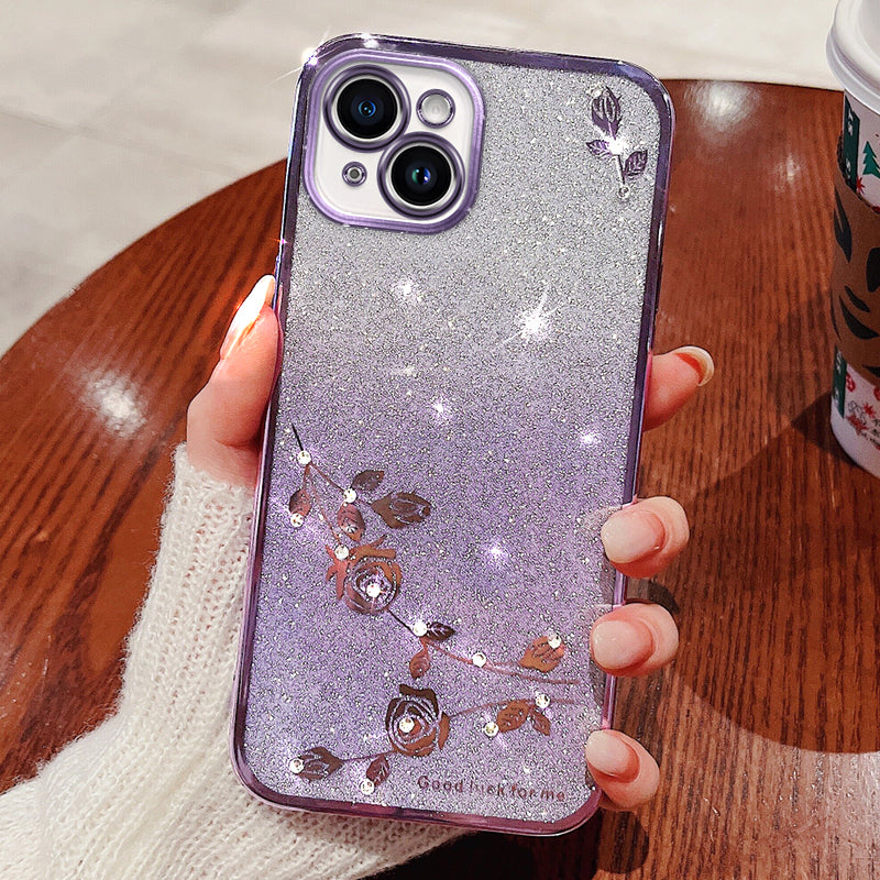 For iPhone 13 6.1 inch Rhinestone Decor Flower Pattern Anti-drop Back Case Gradient Glitter Powder TPU Protective Cover