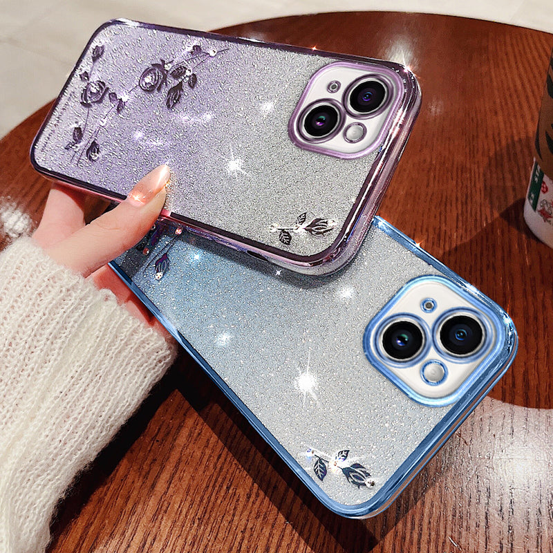 For iPhone 13 6.1 inch Rhinestone Decor Flower Pattern Anti-drop Back Case Gradient Glitter Powder TPU Protective Cover