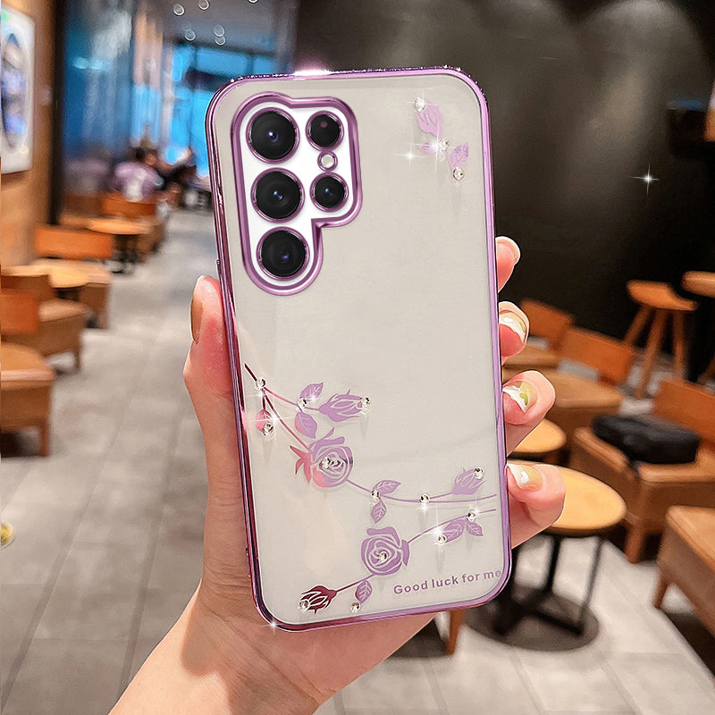 Electroplating Phone Cover for Samsung Galaxy S23 Ultra Flower Pattern Rhinestone Decor Soft TPU Protective Smartphone Case