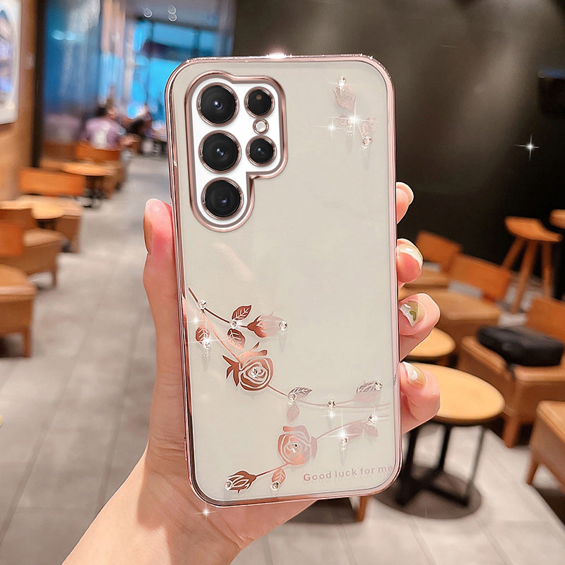 Electroplating Phone Cover for Samsung Galaxy S23 Ultra Flower Pattern Rhinestone Decor Soft TPU Protective Smartphone Case
