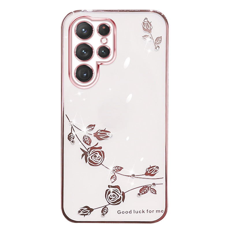 Electroplating Phone Cover for Samsung Galaxy S23 Ultra Flower Pattern Rhinestone Decor Soft TPU Protective Smartphone Case