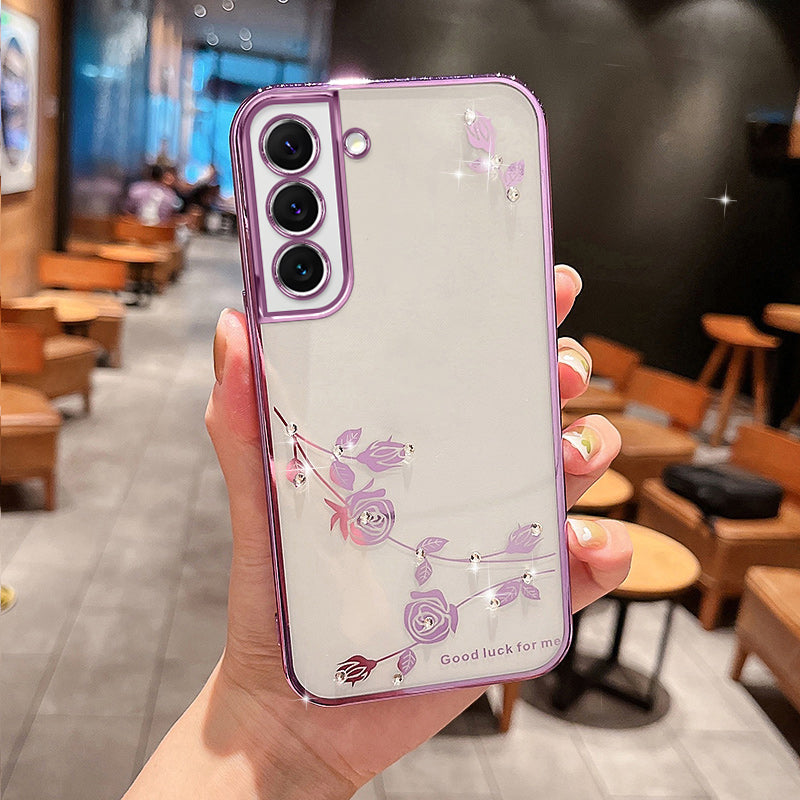 Electroplating Rhinestone Decor Phone Cover for Samsung Galaxy S23 Flower Pattern Anti-fall Soft TPU Phone Case