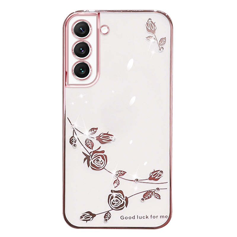 Anti-scratch TPU Phone Cover for Samsung Galaxy S23 Electroplating Flower Pattern Rhinestone Decor Protective Smartphone Case