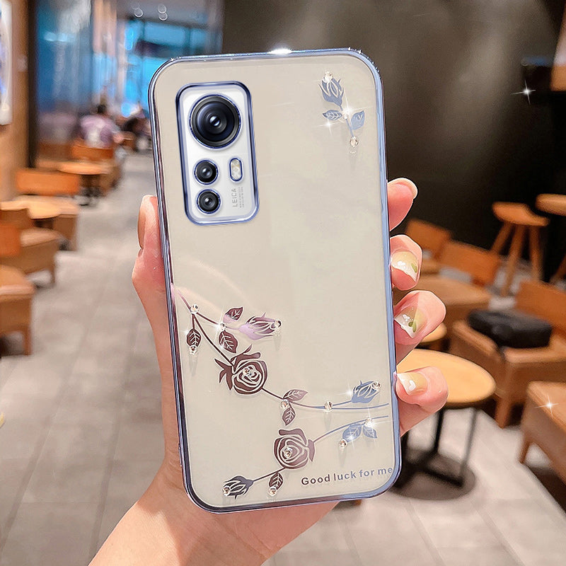 For Xiaomi 12 5G 12X 5G 12S 5G Flower Pattern Electroplating Phone Cover Rhinestone Decor TPU Phone Case