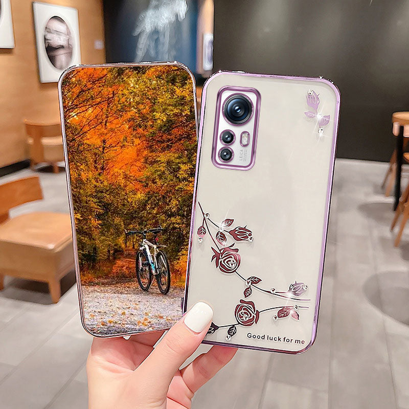 For Xiaomi 12 5G 12X 5G 12S 5G Flower Pattern Electroplating Phone Cover Rhinestone Decor TPU Phone Case