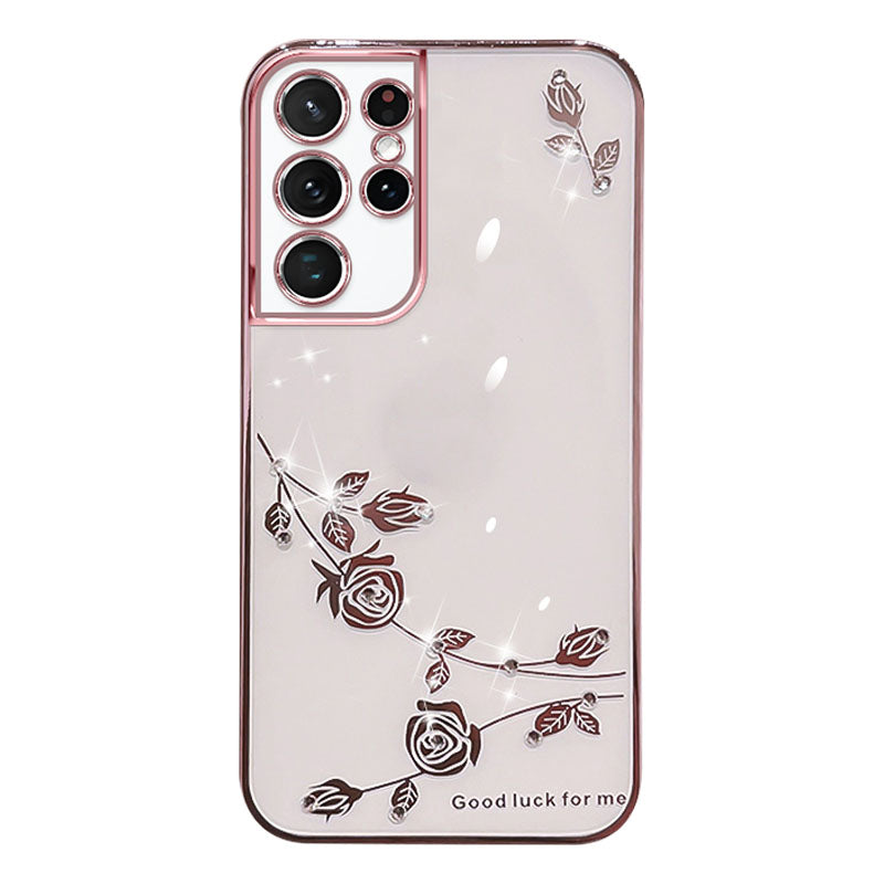 For Samsung Galaxy S21 Ultra 5G Back Shell Flower Pattern Electroplating Cover Rhinestone Decor TPU Phone Case