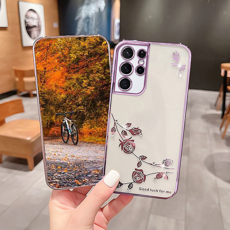 For Samsung Galaxy S21 Ultra 5G Back Shell Flower Pattern Electroplating Cover Rhinestone Decor TPU Phone Case