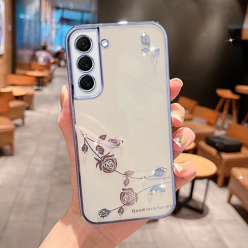 For Samsung Galaxy S22 5G Precise Cutouts Flower Pattern Soft TPU Phone Cover Rhinestone Decor Electroplating Phone Case