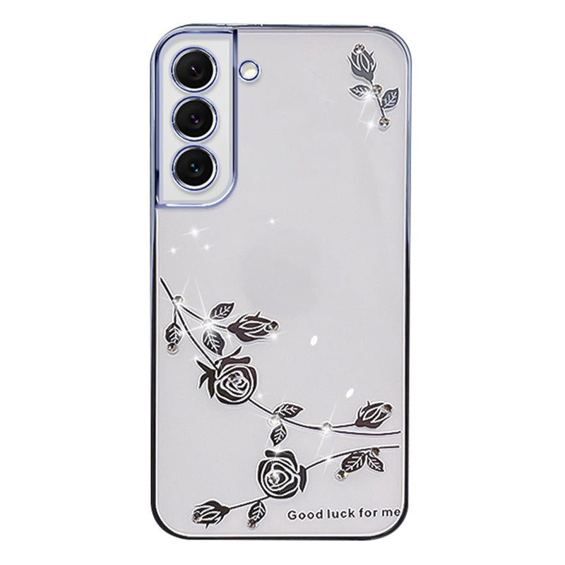 For Samsung Galaxy S22 5G Precise Cutouts Flower Pattern Soft TPU Phone Cover Rhinestone Decor Electroplating Phone Case