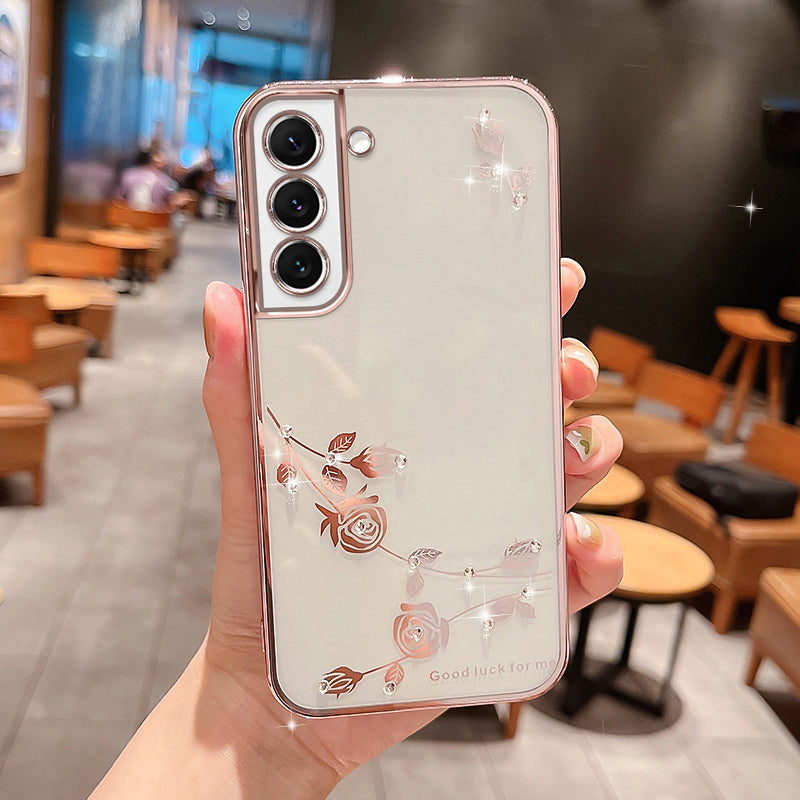 For Samsung Galaxy S22 5G Precise Cutouts Flower Pattern Soft TPU Phone Cover Rhinestone Decor Electroplating Phone Case