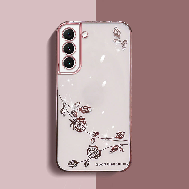 For Samsung Galaxy S22 5G Precise Cutouts Flower Pattern Soft TPU Phone Cover Rhinestone Decor Electroplating Phone Case