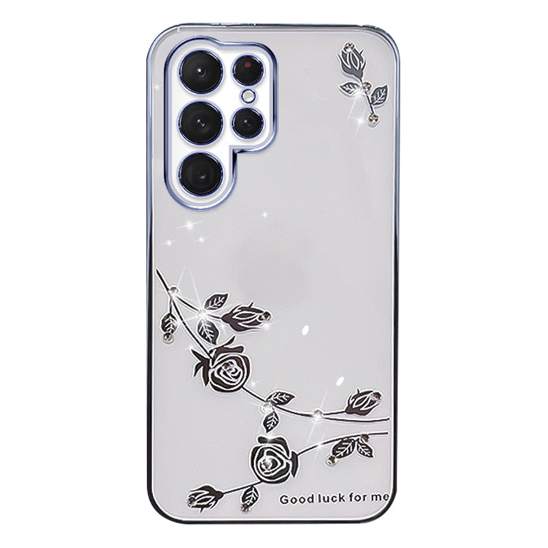 Soft TPU Smartphone Case For Samsung Galaxy S22 Ultra 5G Electroplating Flower Pattern Rhinestone Decor Wear-resistant Phone Cover