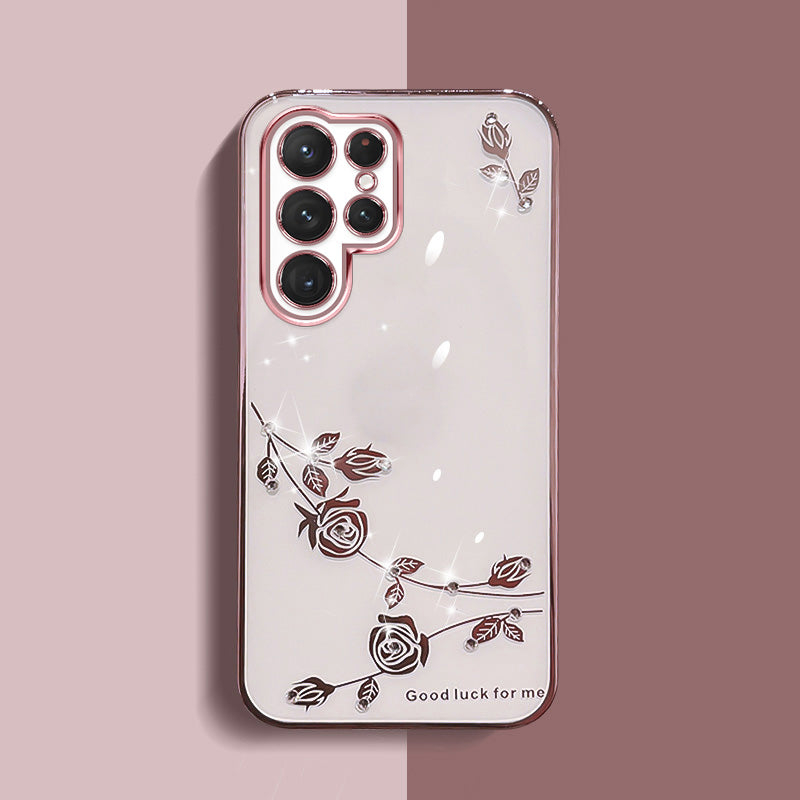 Soft TPU Smartphone Case For Samsung Galaxy S22 Ultra 5G Electroplating Flower Pattern Rhinestone Decor Wear-resistant Phone Cover