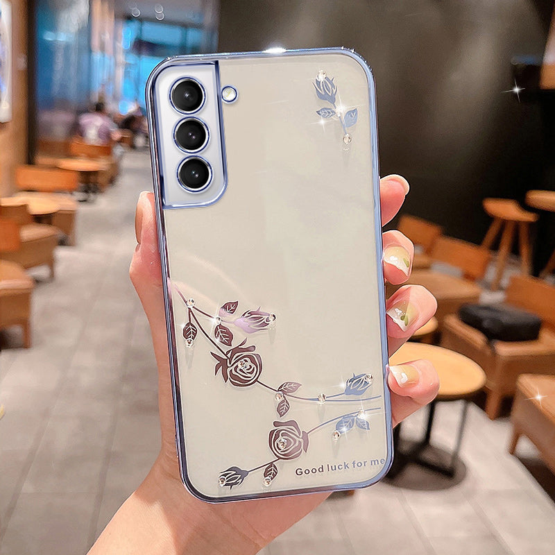 For Samsung Galaxy S21 5G Flower Pattern TPU Phone Cover Rhinestone Decor Anti-shock Electroplating Phone Case