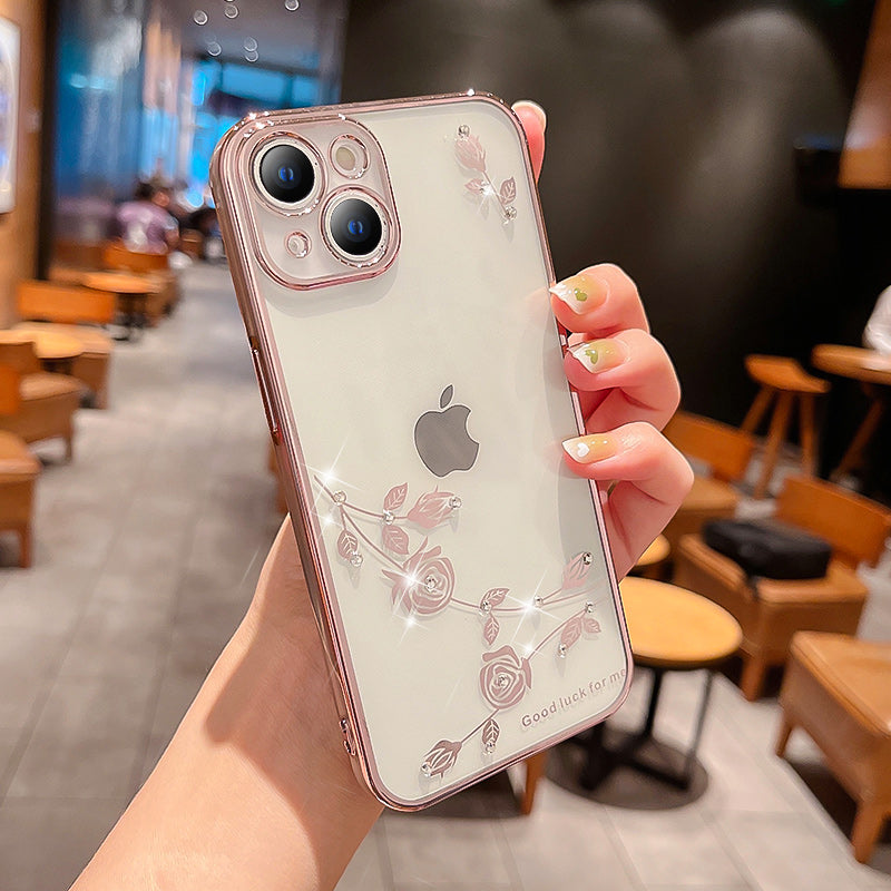 Protective Phone Cover For iPhone 14 Flower Pattern Rhinestone Decor Scratch-resistant Soft TPU Electroplating Phone Case