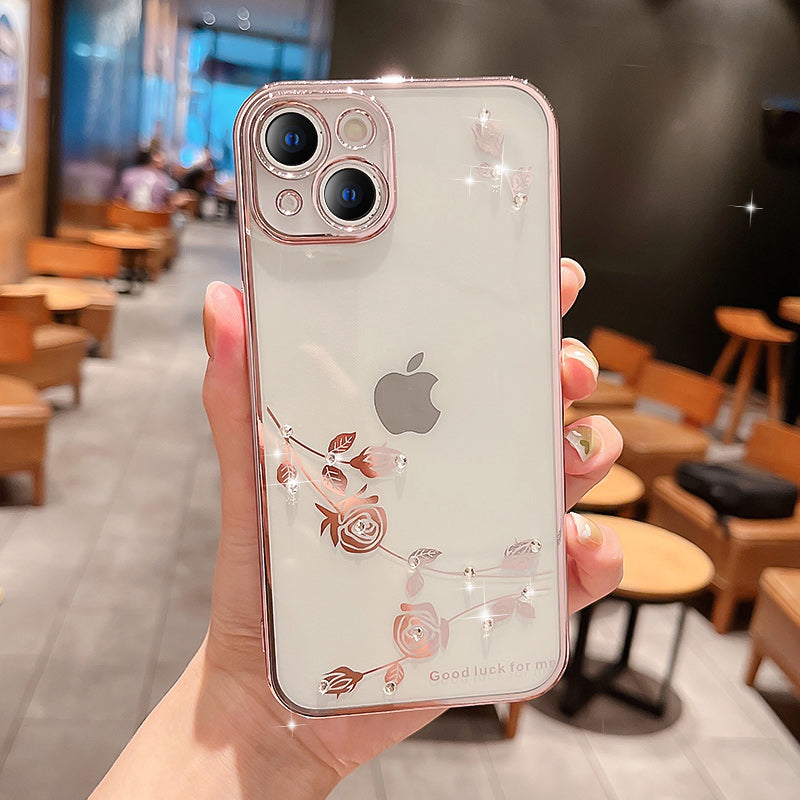 Protective Phone Cover For iPhone 14 Flower Pattern Rhinestone Decor Scratch-resistant Soft TPU Electroplating Phone Case