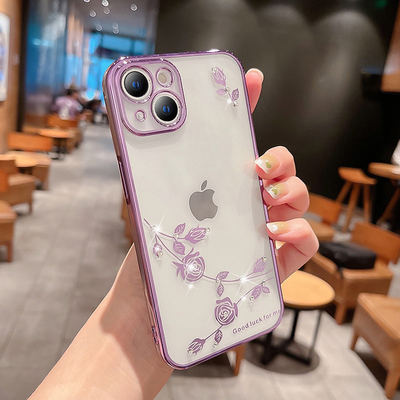 For iPhone 13 6.1 inch Anti-drop Flower Pattern TPU Phone Case Rhinestone Decor Electroplating Protective Phone Cover - Rose Gold