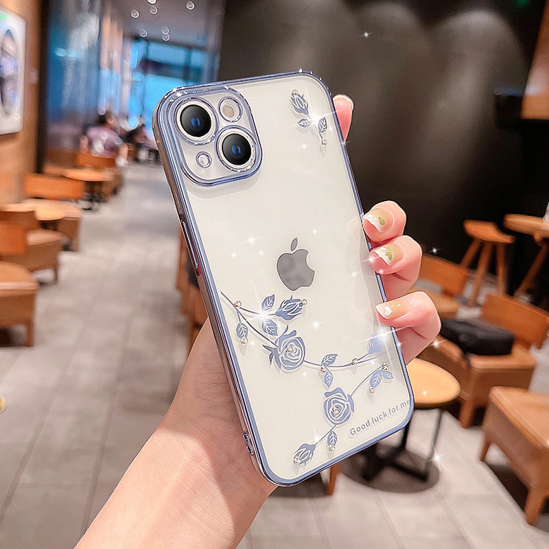 For iPhone 13 6.1 inch Anti-drop Flower Pattern TPU Phone Case Rhinestone Decor Electroplating Protective Phone Cover - Rose Gold
