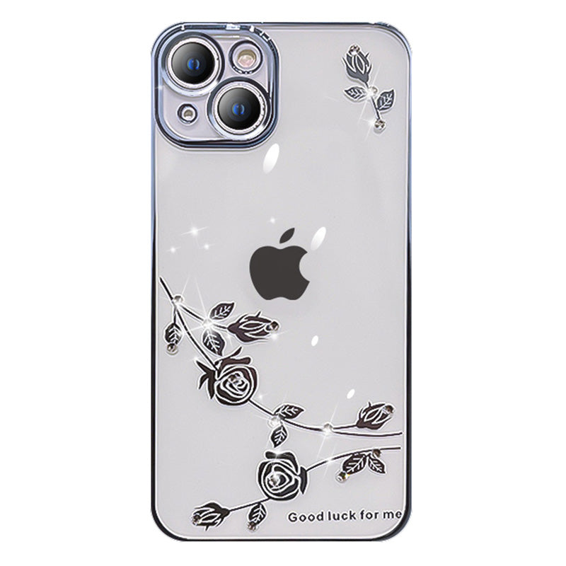 For iPhone 13 6.1 inch Anti-drop Flower Pattern TPU Phone Case Rhinestone Decor Electroplating Protective Phone Cover