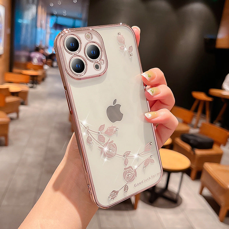 For iPhone 14 Pro Max Collision Resistant Flower Pattern Phone Cover Rhinestone Decor TPU Electroplating Phone Case