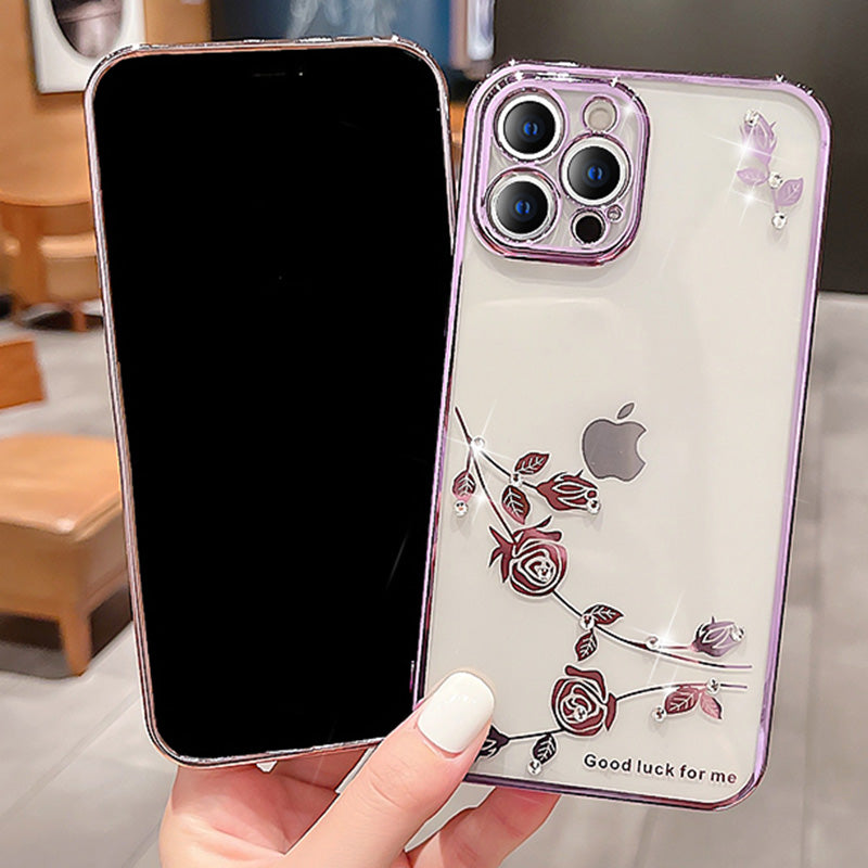 For iPhone 14 Pro Max Collision Resistant Flower Pattern Phone Cover Rhinestone Decor TPU Electroplating Phone Case