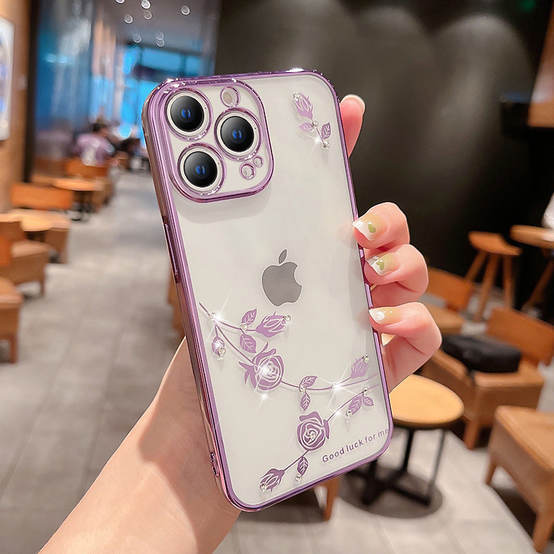 For iPhone 13 Pro 6.1 inch Flower Pattern Phone Cover Fall Protection Rhinestone Decor TPU Electroplating Phone Case - Rose Gold
