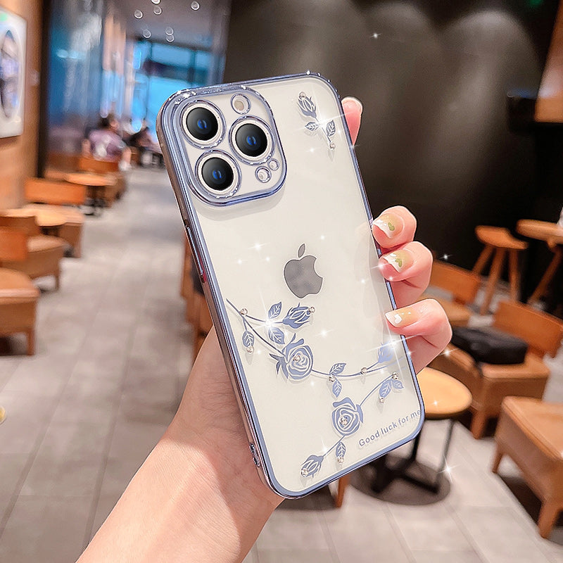 For iPhone 13 Pro 6.1 inch Flower Pattern Phone Cover Fall Protection Rhinestone Decor TPU Electroplating Phone Case - Rose Gold