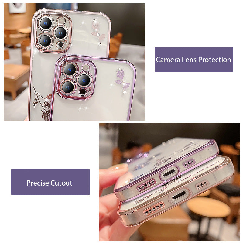 Rhinestone Decor telefoncover til iPhone 12 Pro Max 6,7 tommer galvanisering blomstermønster TPU telefon bagcover